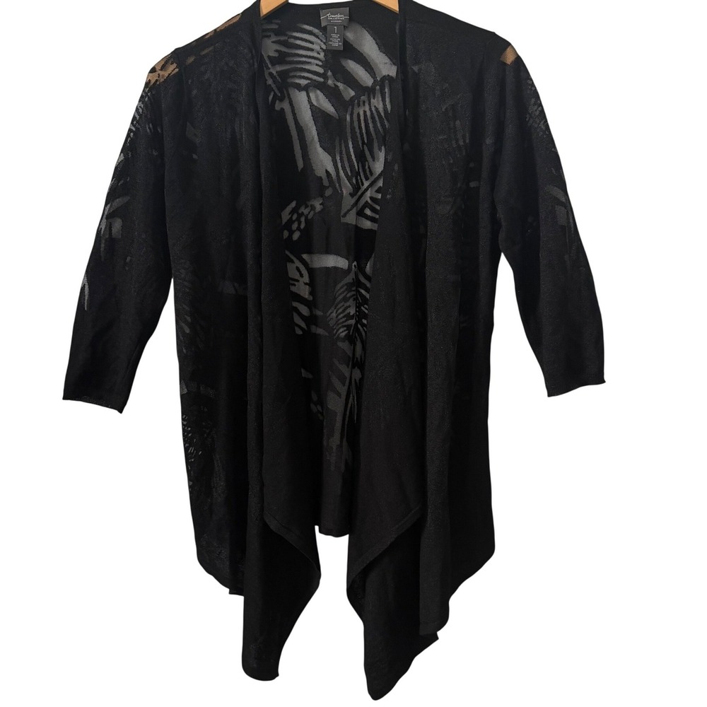 Chicos Travelers Sz 1  Black Burnout Palm Leaf Open Front Waterfall Cardigan